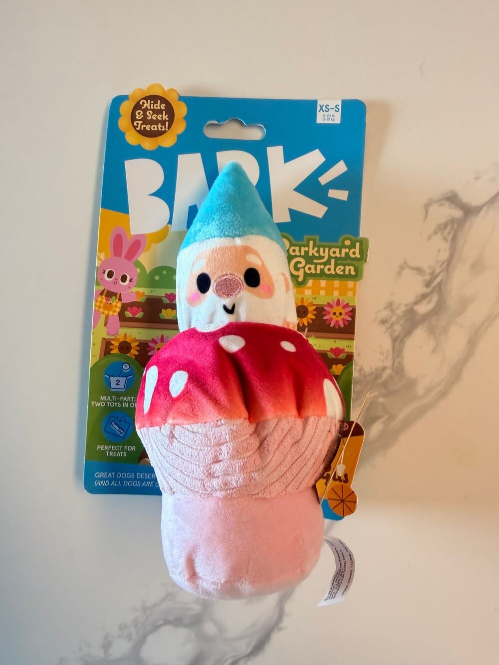 BARK Barkyard Garden Fun Gus Gnome Mushroom Dog Toy XS-S Treat Squeaker NWT
